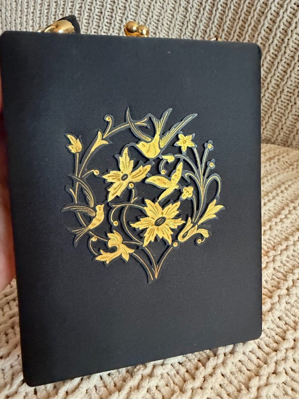 Vintage Black Vanity Compact Purse Mirror Powder Case Floral Bird Gold Tone